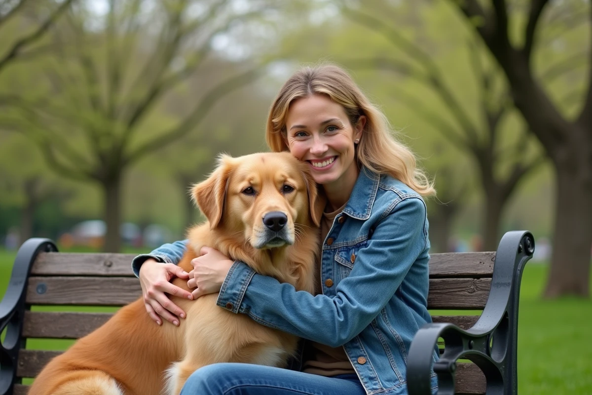 Femme souriante avec retriever dans un parc urbain