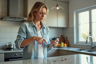 Femme inquiète pointant des taches sur le plan de travail
