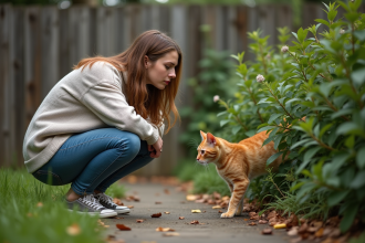Jeune femme dans le jardin avec son chat roux