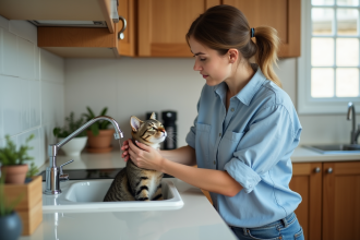 Jeune femme lavant un chat dans l'évier de cuisine