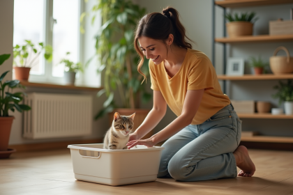 Jeune femme nettoyant la litière de son chat dans un appartement lumineux