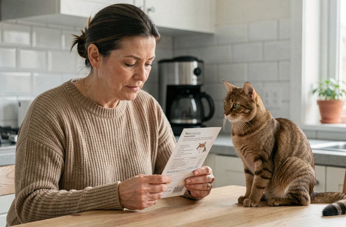 Femme lisant une notice vétérinaire sur la contraception pour chatte après une portée