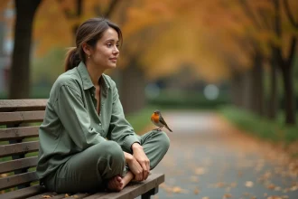 Femme contemplative observant un rouge-gorge en parc urbain pour guider ses décisions grâce à la symbolique des oiseaux