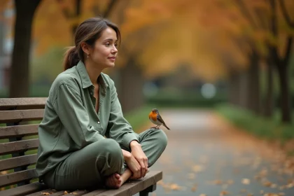 Femme contemplative observant un rouge-gorge en parc urbain pour guider ses décisions grâce à la symbolique des oiseaux