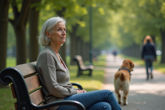 Femme assise sur un banc de parc regardant un chien s'éloigner