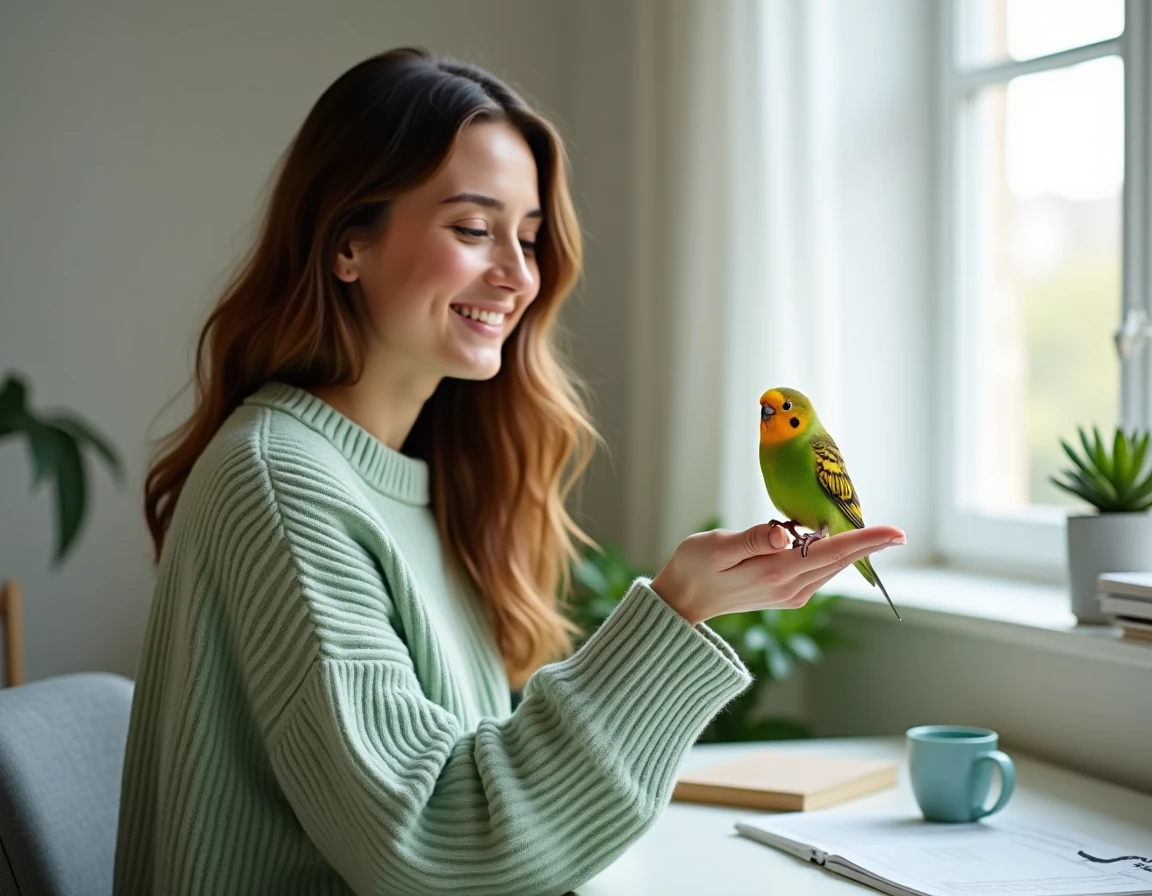 Jeune femme en pull vert sauge tenant une perruche verte et jaune sur son doigt dans un bureau à domicile lumineux, illustrant le lien affectif avec un oiseau de compagnie prénommé