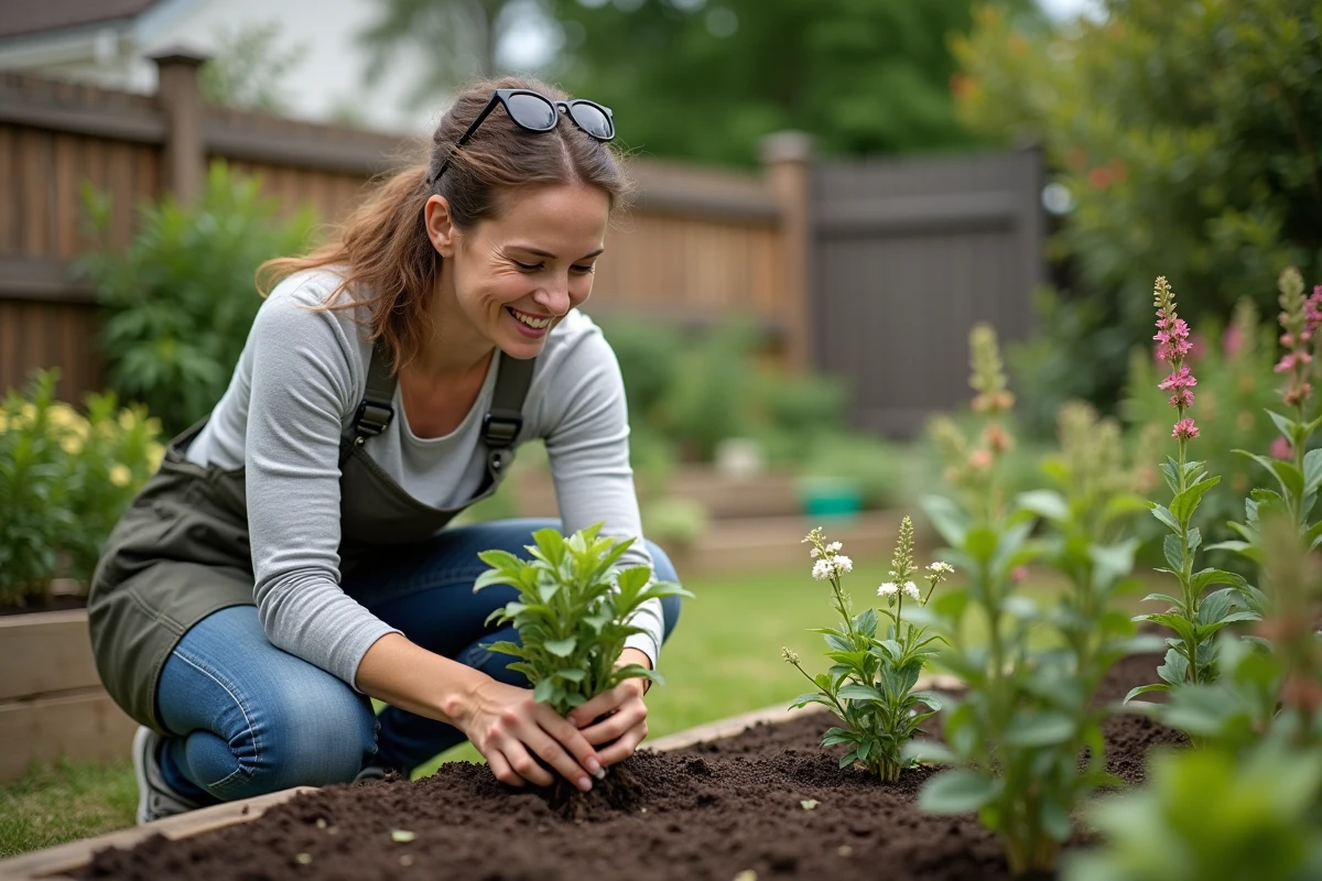 Femme plantant des arbustes dans un jardin en plein air