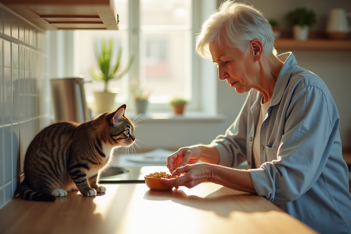 Femme âgée préparant la nourriture pour son chat dans la cuisine