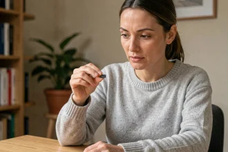 Femme tenant une puce GPS entre ses doigts dans un bureau à domicile, pour paramétrer le suivi de localisation