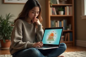 Jeune femme concentrée répondant à un quiz animal totem sur son ordinateur portable dans un bureau à domicile cosy
