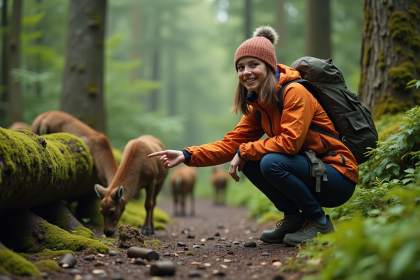 Jeune femme souriante en randonnée dans la forêt avec des animaux sauvages