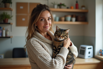 Femme avec chat en refuge animalier