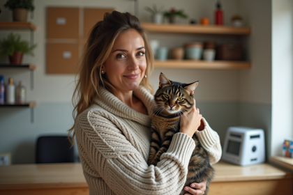 Femme avec chat en refuge animalier