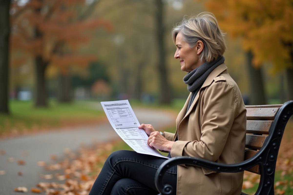 Femme pensive dans un parc d'automne tenant les résultats imprimés d'un quiz animal totem face à un oiseau