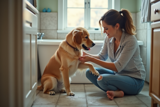 Femme rassurant un golden retriever dans la salle de bain