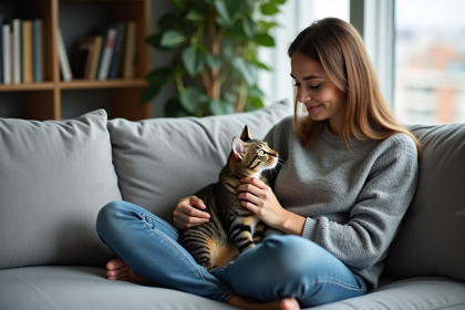 Jeune femme avec chat sur un canapé moderne