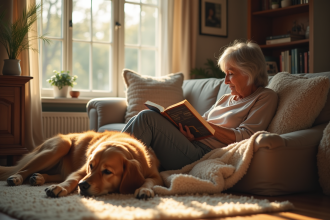 Femme senior lisant avec un golden retriever dans un salon chaleureux