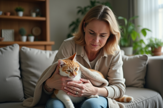 Femme soignant un chat blessé dans un salon chaleureux