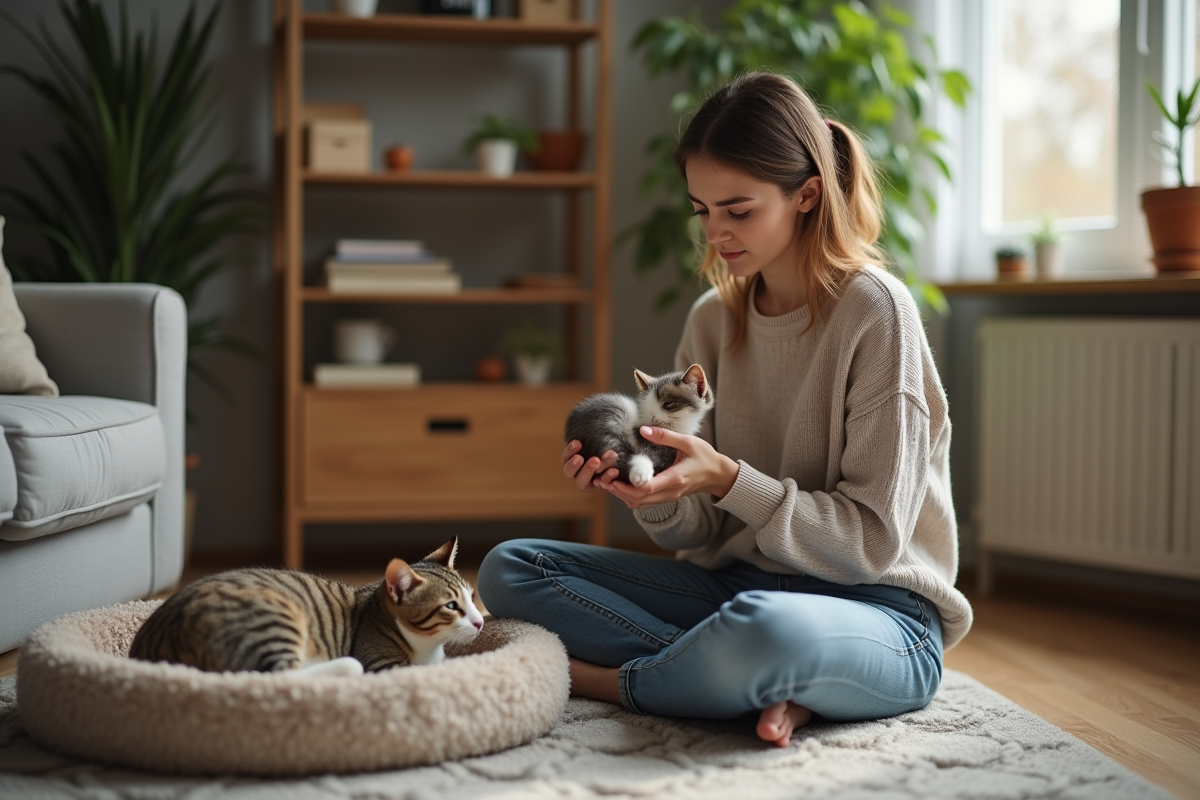 Femme tenant un chaton rejeté dans un intérieur chaleureux