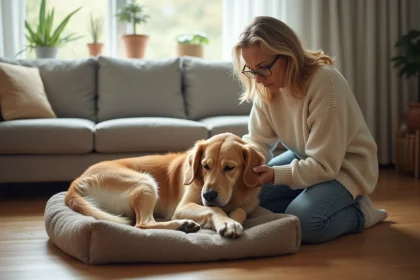 Femme réconfortant son chien malade dans un salon lumineux