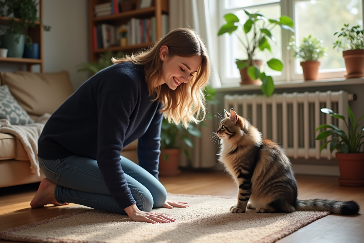 Jeune femme souriante appelle son chat dans un salon lumineux