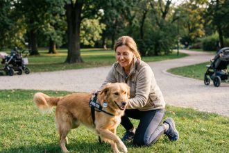 Femme sportive avec son chien dans un parc urbain en plein air