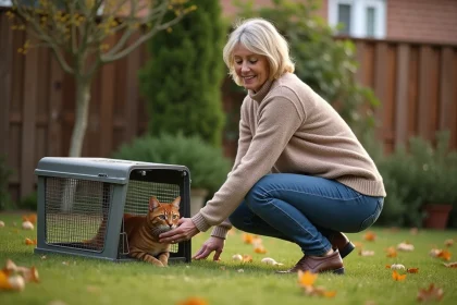 Femme attentive près d'une trappe à chat dans un jardin