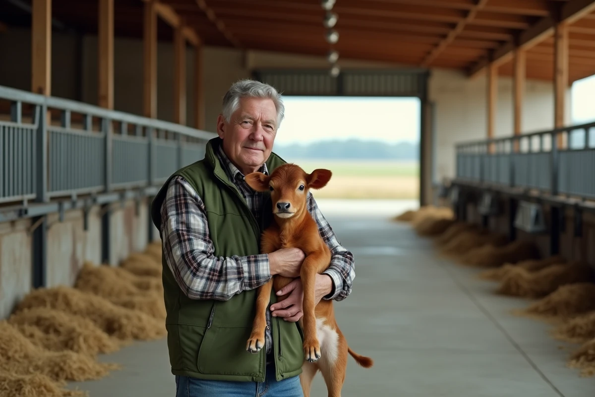 Vieux fermier tenant un veau dans une étable propre et moderne