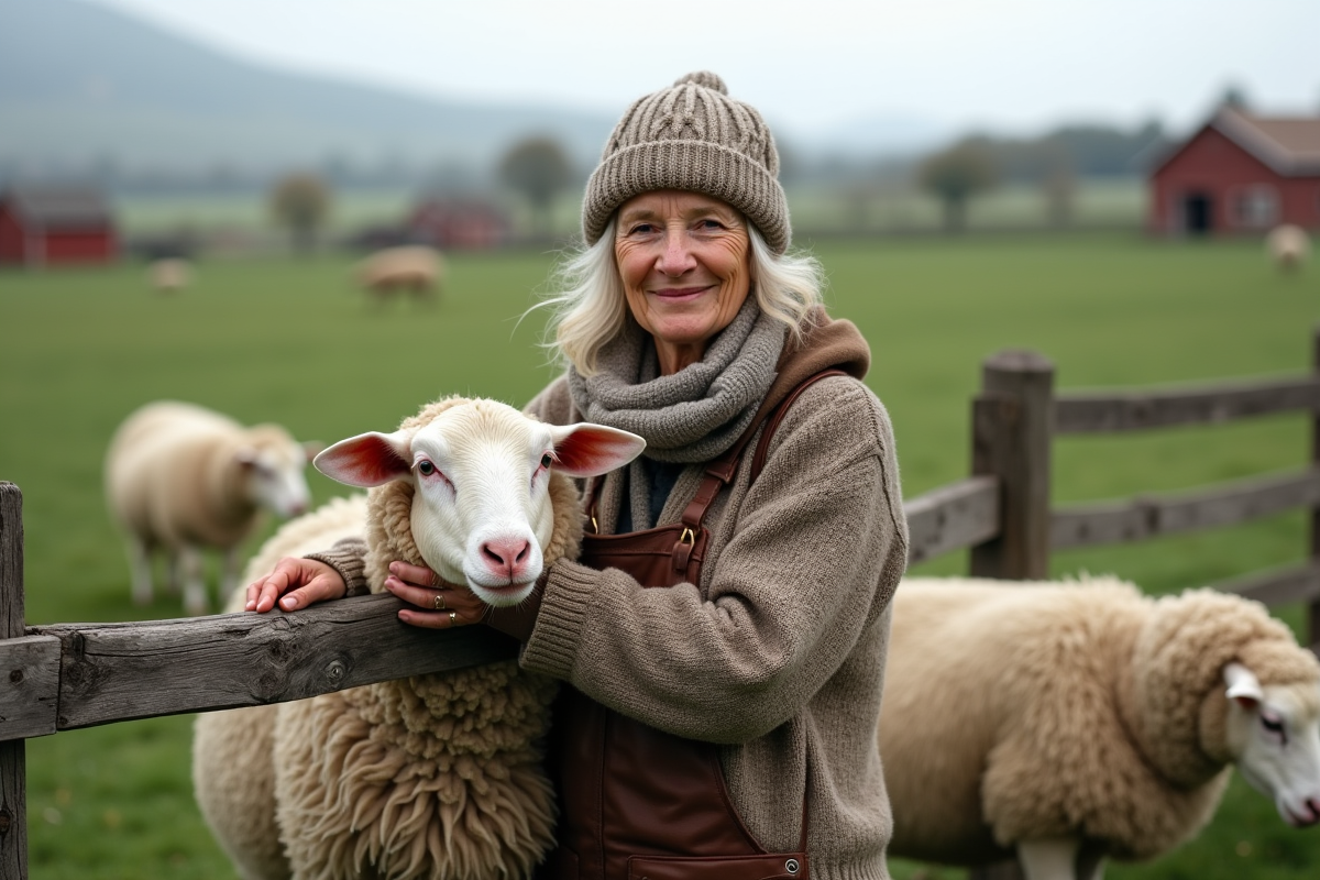 Femme fermière avec un mouton dans un paysage rural verdoyant
