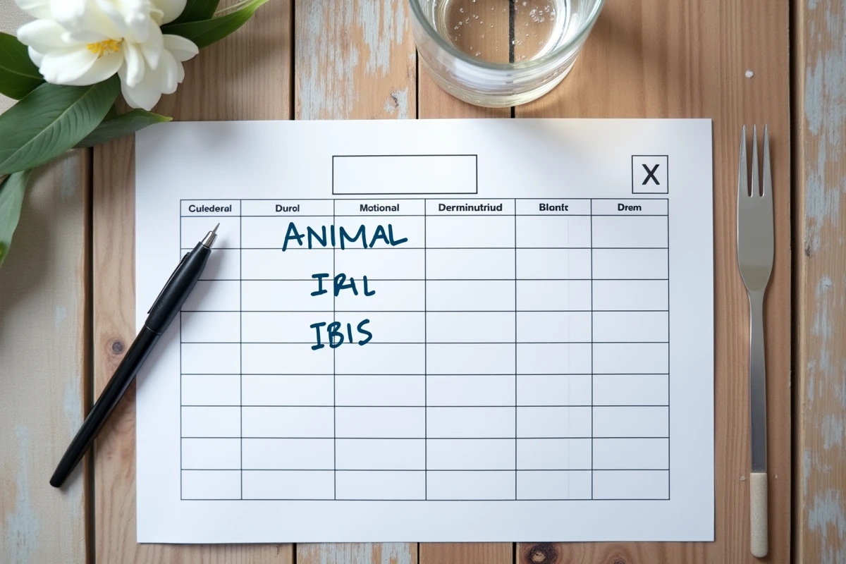 Feuille de Petit Bac remplie avec le mot Ibis dans la colonne animal, vue de dessus sur une table en bois