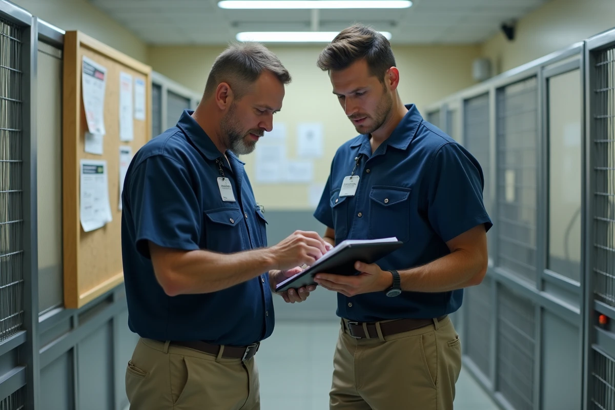 Deux soigneurs animaliers en formation ape care consultant des notes dans une salle de soin pour primates