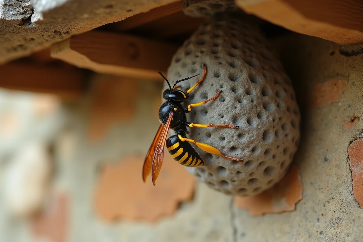Frelon asiatique accroché à son nid de papier sous un auvent en bois d'une ferme en pierre, pattes jaunes et abdomen brun rayé jaune clairement visibles