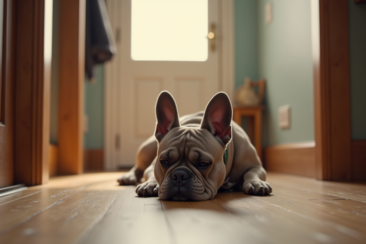 Petite French Bulldog reposant dans un couloir lumineux