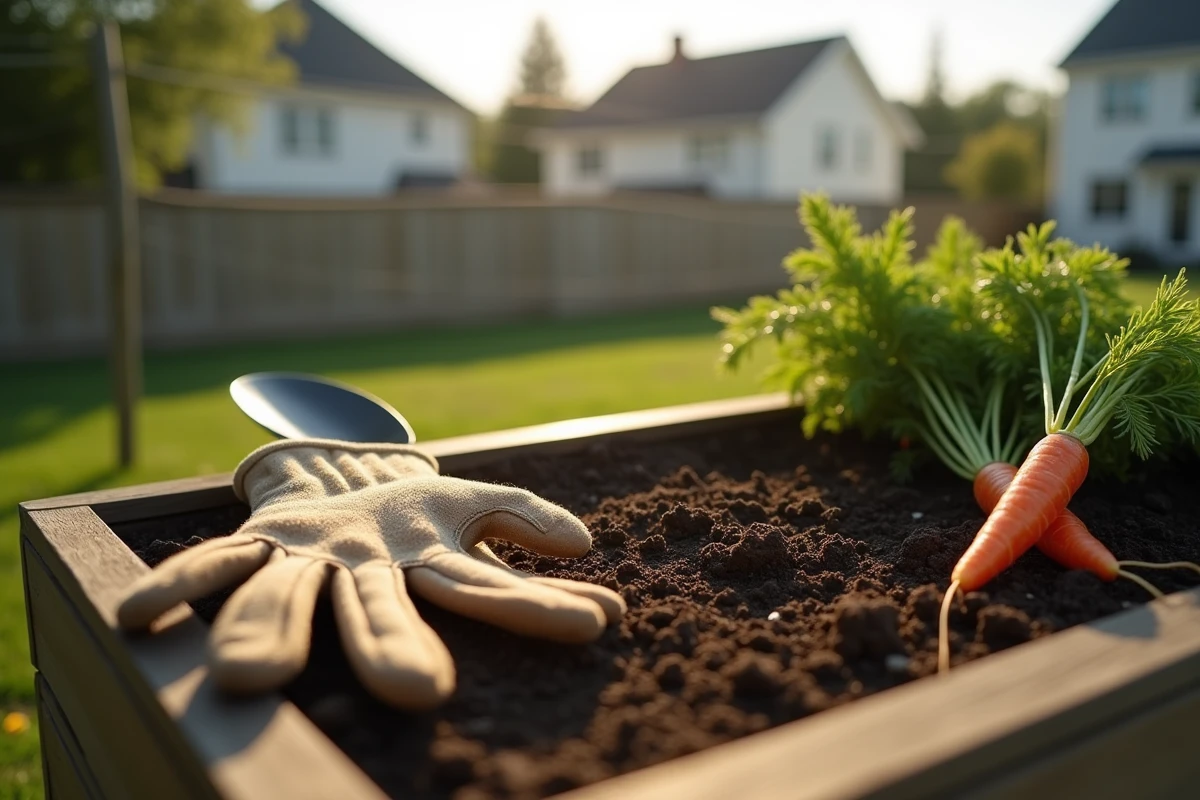 Gants et outils de jardinage avec des carottes fraîches