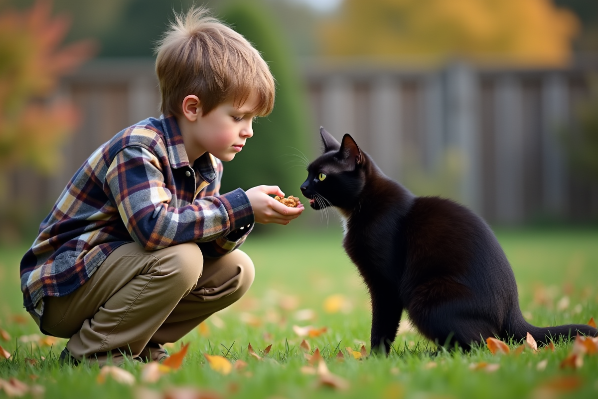 Jeune garçon avec un chat noir en posture défensive dans le jardin