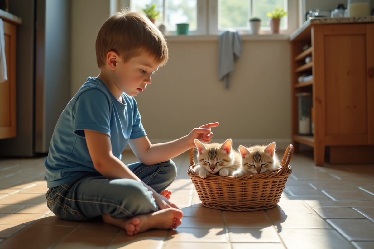Garçon regarde un panier avec mère chat et chatons dans la cuisine