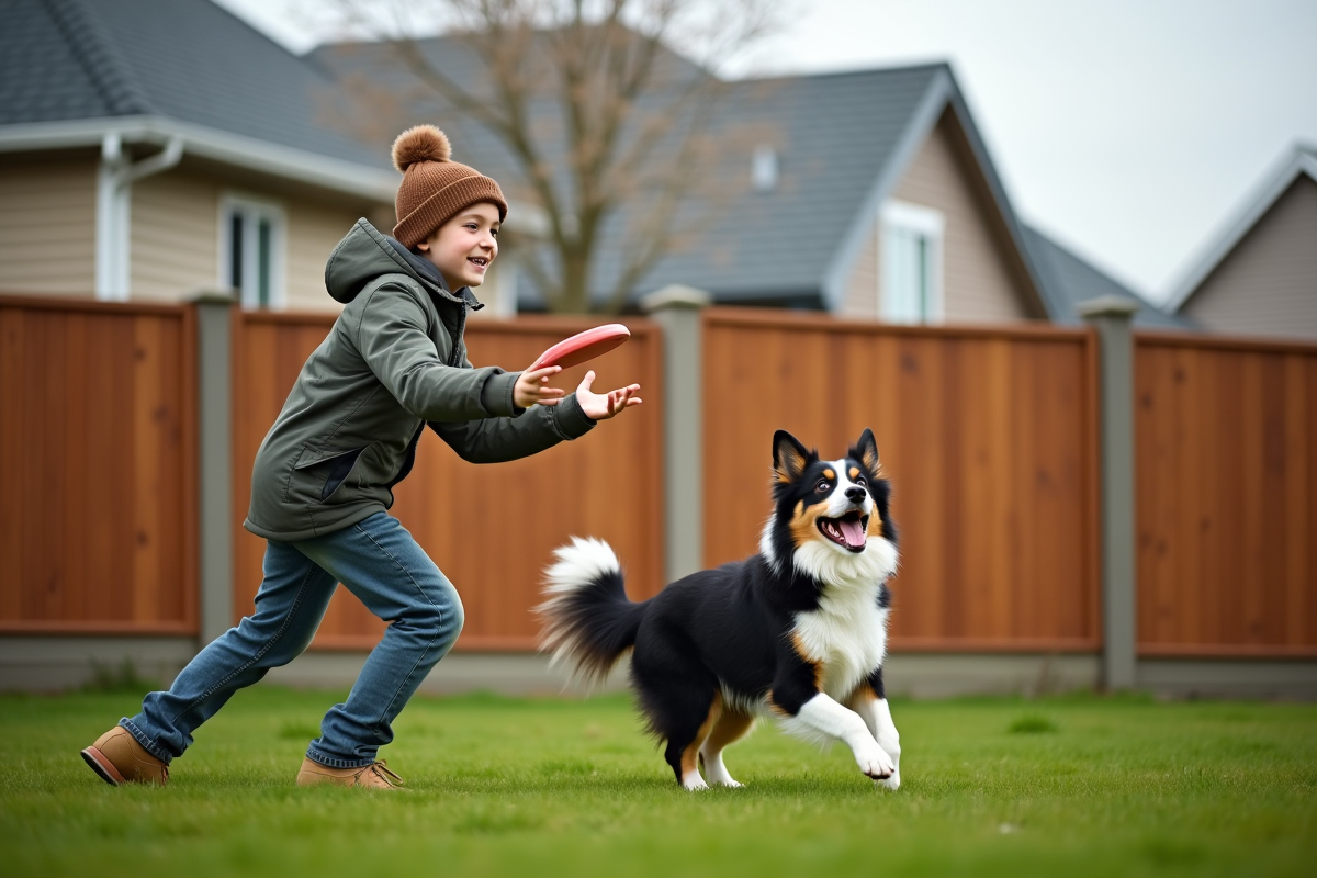 Adolescent avec chien border collie dans un jardin familial