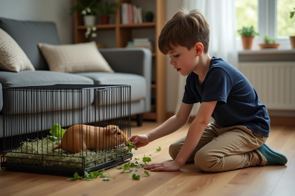Garçon nourrissant un cobaye dans une cage à la maison