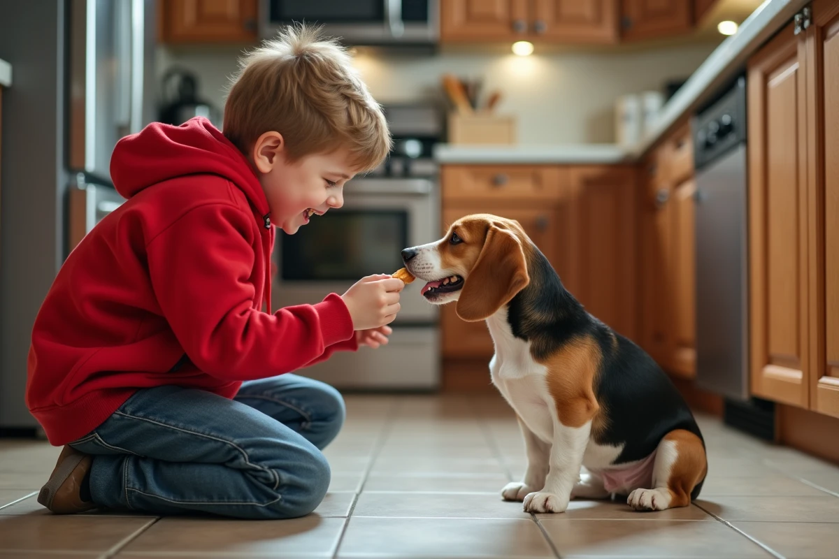Garçon offrant une friandise à son chien dans la cuisine