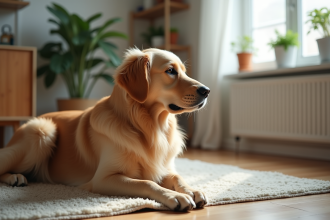Golden Retriever allongé dans un salon moderne et paisible