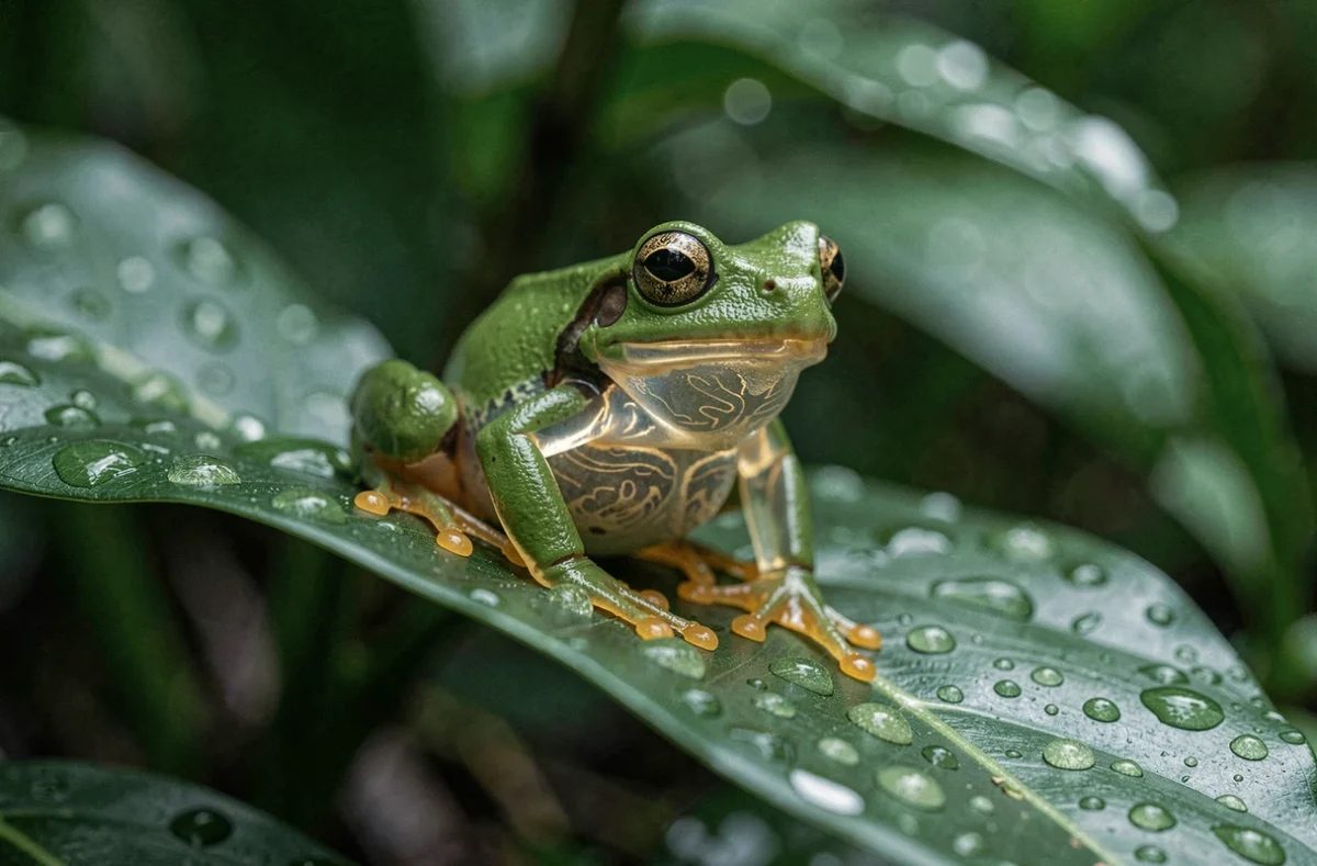 Grenouille de verre transparente sur une feuille tropicale dans une forêt tropicale humide