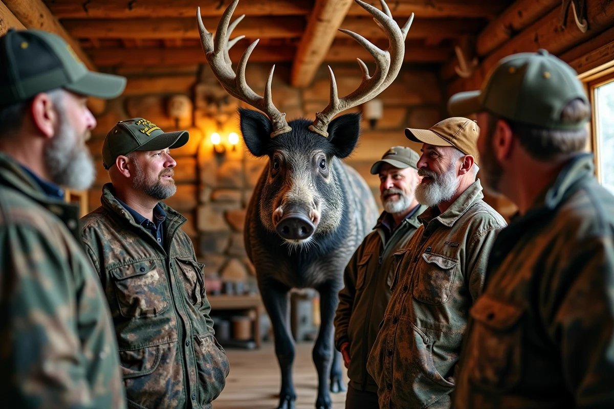 Groupe de chasseurs autour d’un trophée de sanglier