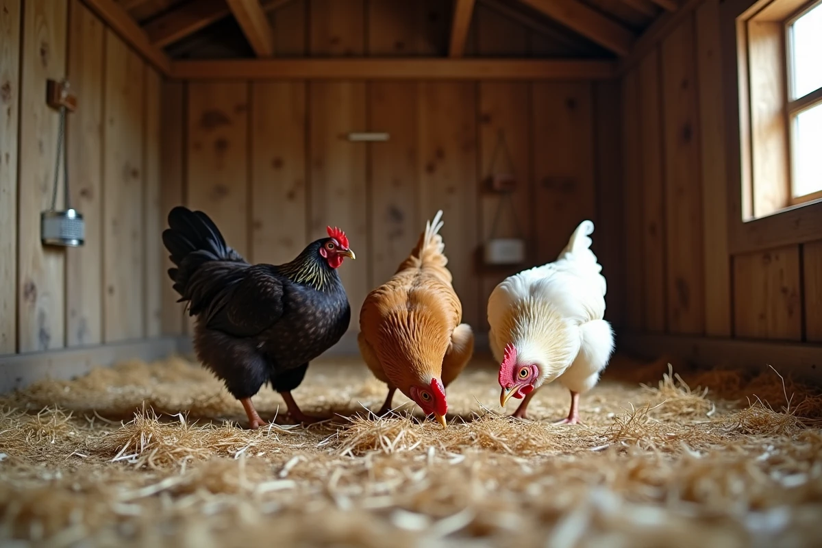 Groupe de trois poules Brahma de couleurs variées picotant dans un poulailler en bois avec de la paille au sol et un éclairage naturel tamisé