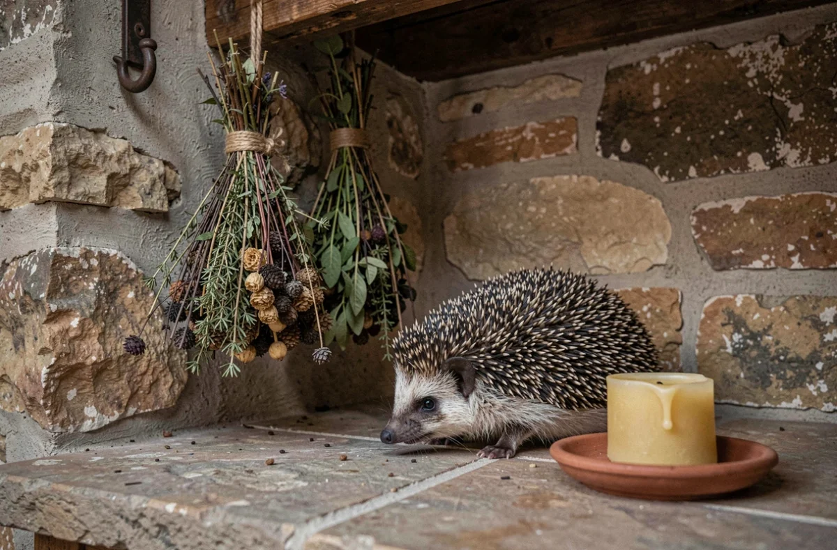 Hérisson explorant une cuisine en pierre au crépuscule parmi des herbes séchées et une bougie en cire d'abeille, symbolisant un signe ésotérique dans la maison