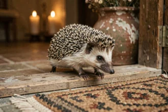 Hérisson sauvage franchissant le seuil d'une maison rustique, symbole de présage ésotérique et de connexion spirituelle avec la nature