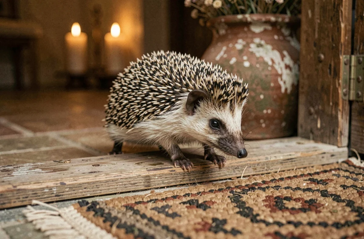 Hérisson sauvage franchissant le seuil d'une maison rustique, symbole de présage ésotérique et de connexion spirituelle avec la nature