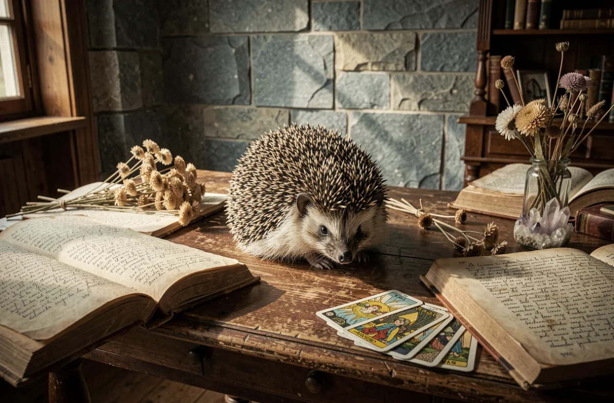 Hérisson posé sur une table d'étude entourée de livres ésotériques et de cartes de tarot, évoquant un présage mystique dans un intérieur ancien