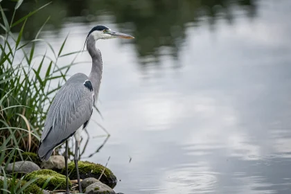 Héron cendré solitaire au bord d'une rivière calme, symbolisant la patience et la contemplation spirituelle