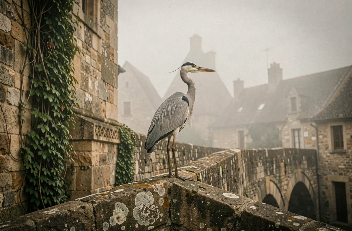 Héron perché sur un vieux pont en pierre dans un village brumeux, évoquant la symbolique mystique et ancestrale
