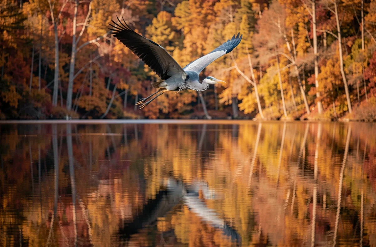 Héron cendré en vol au-dessus d'un lac entouré de forêt automnale, symbole de liberté et de transition spirituelle